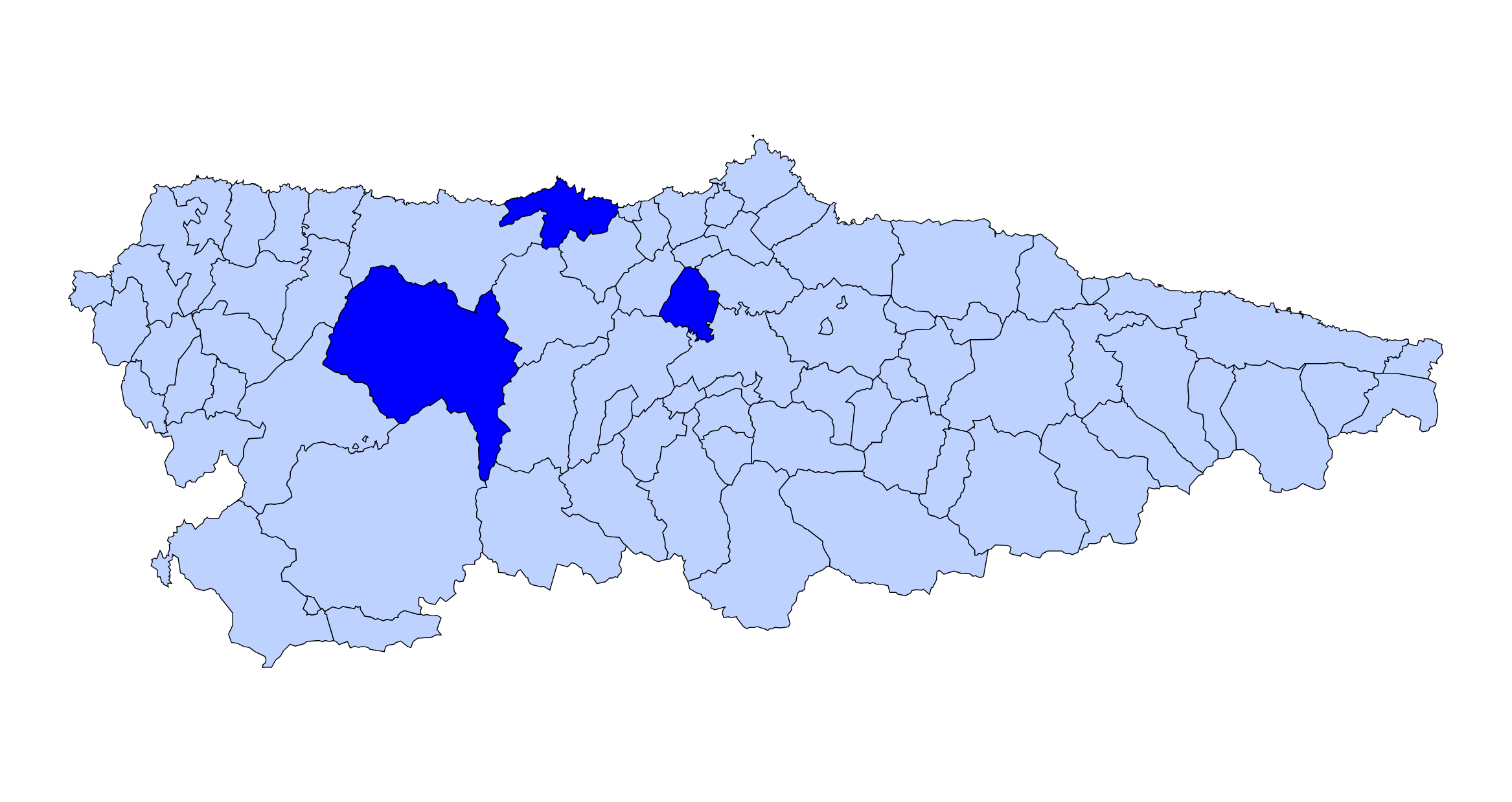 Mapa de Asturias con los concejos de la zona de producción del Afuega'l Pitu señalados en azul