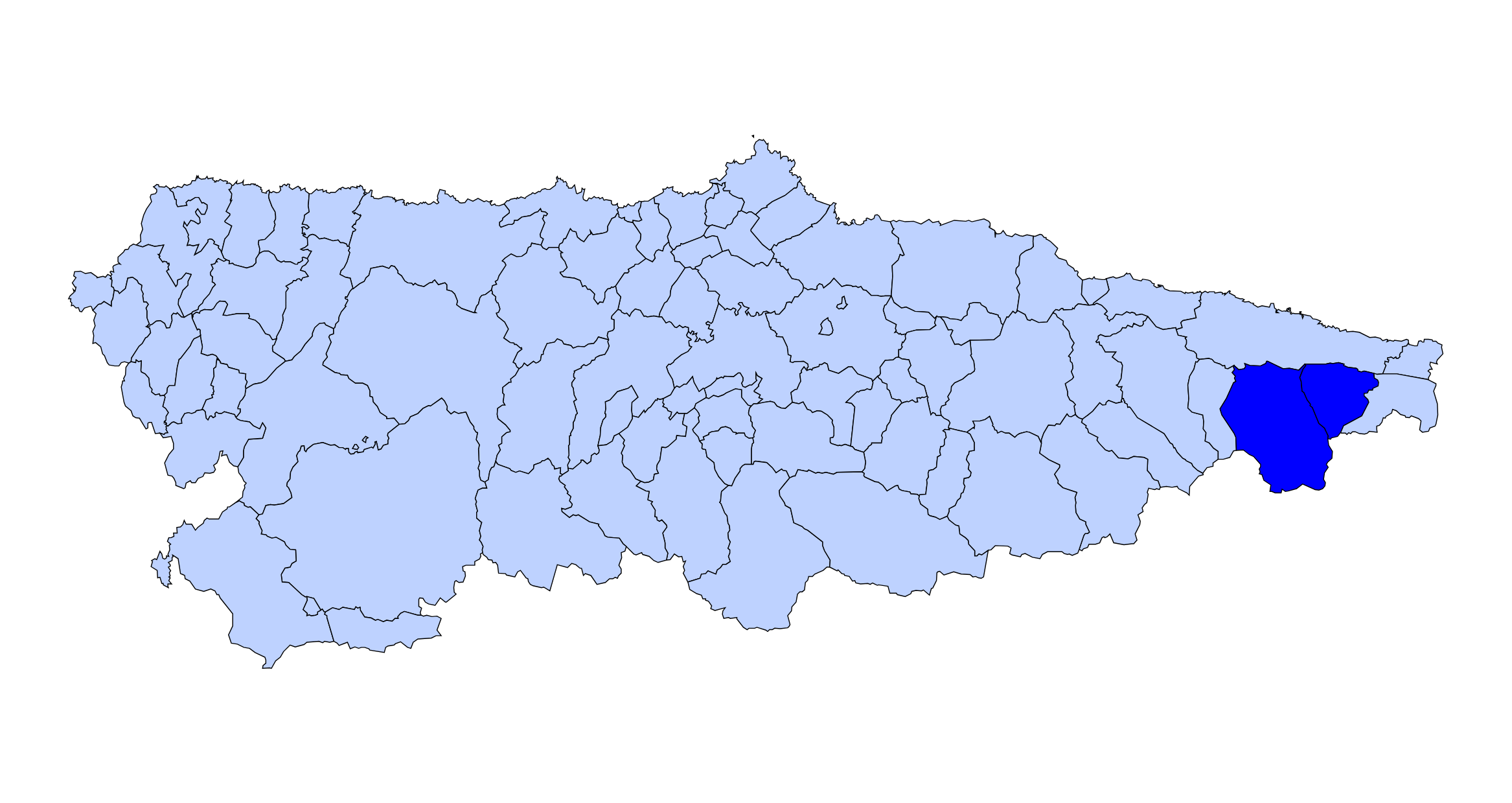 Mapa de Asturias con los concejos de Cabrales y Peñamellera Alta señalados en azul