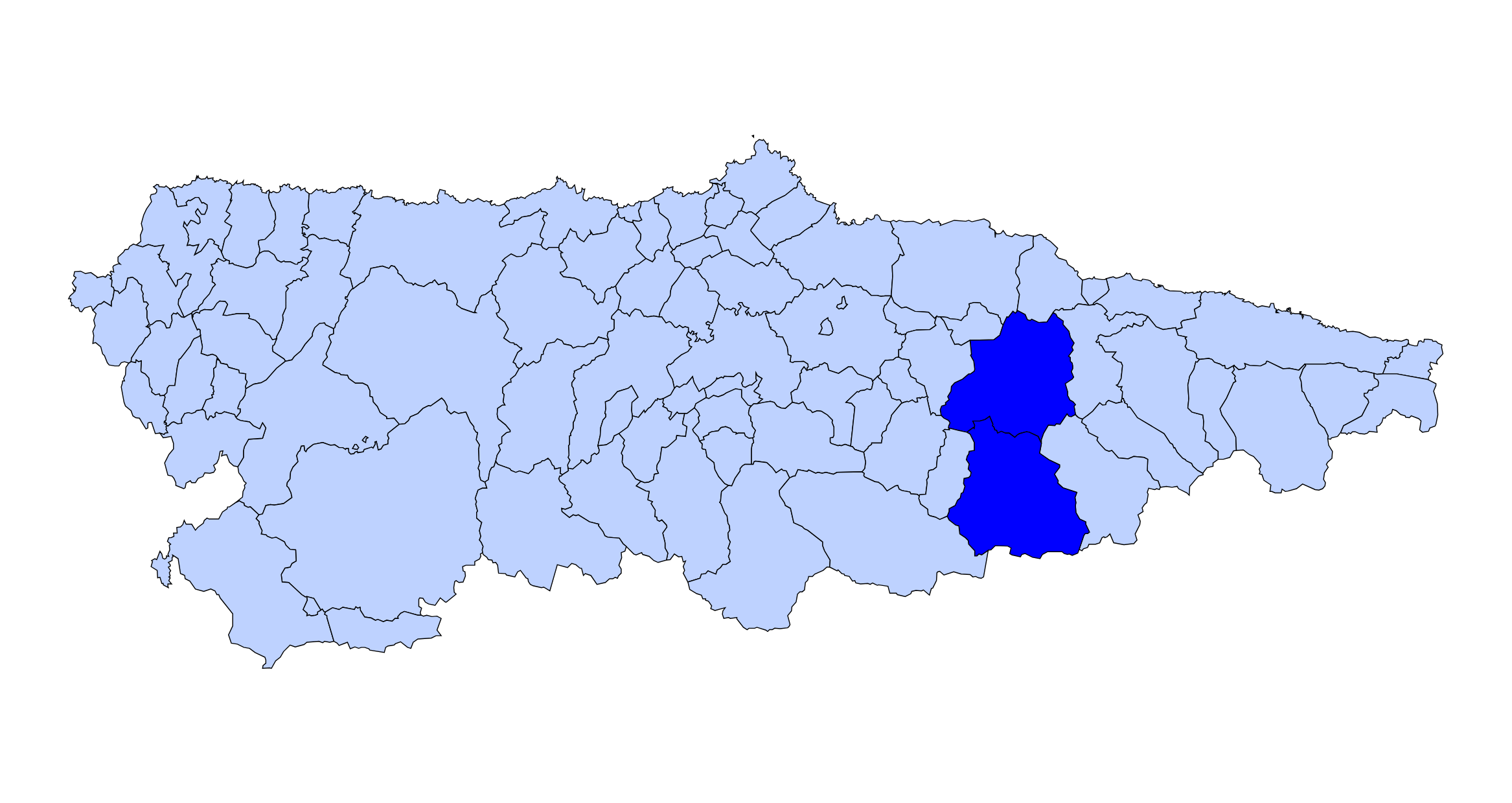 Mapa de Asturias con los concejos de Caso y Piloña señalados en azul