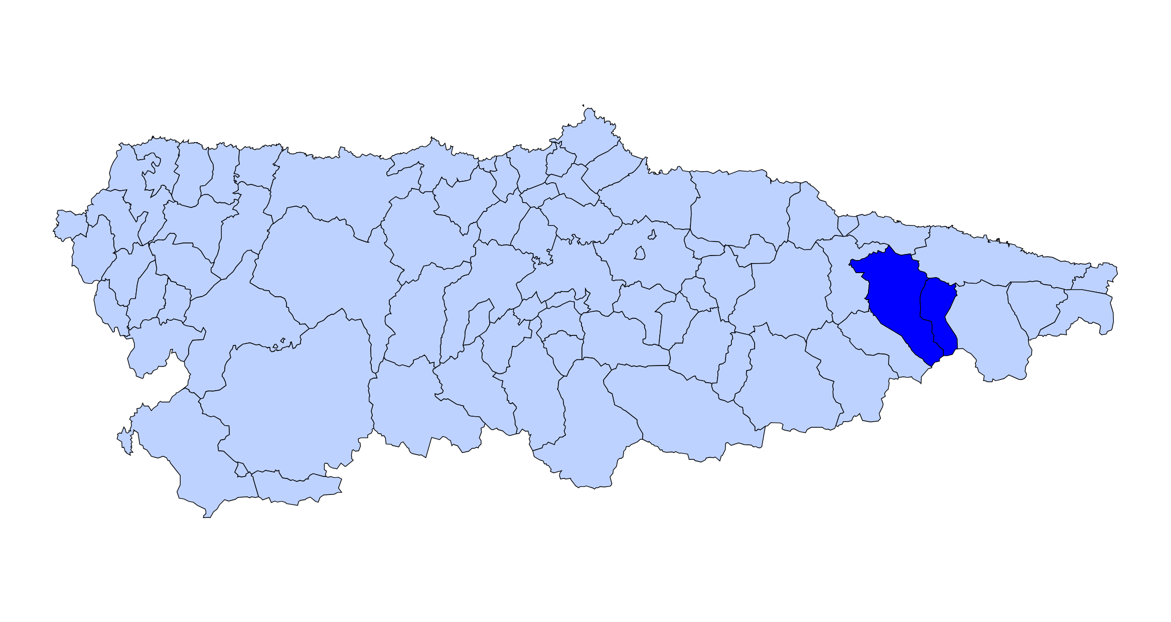 Mapa de Asturias con los concejos de Onís y Cangas de Onís señalados en azul
